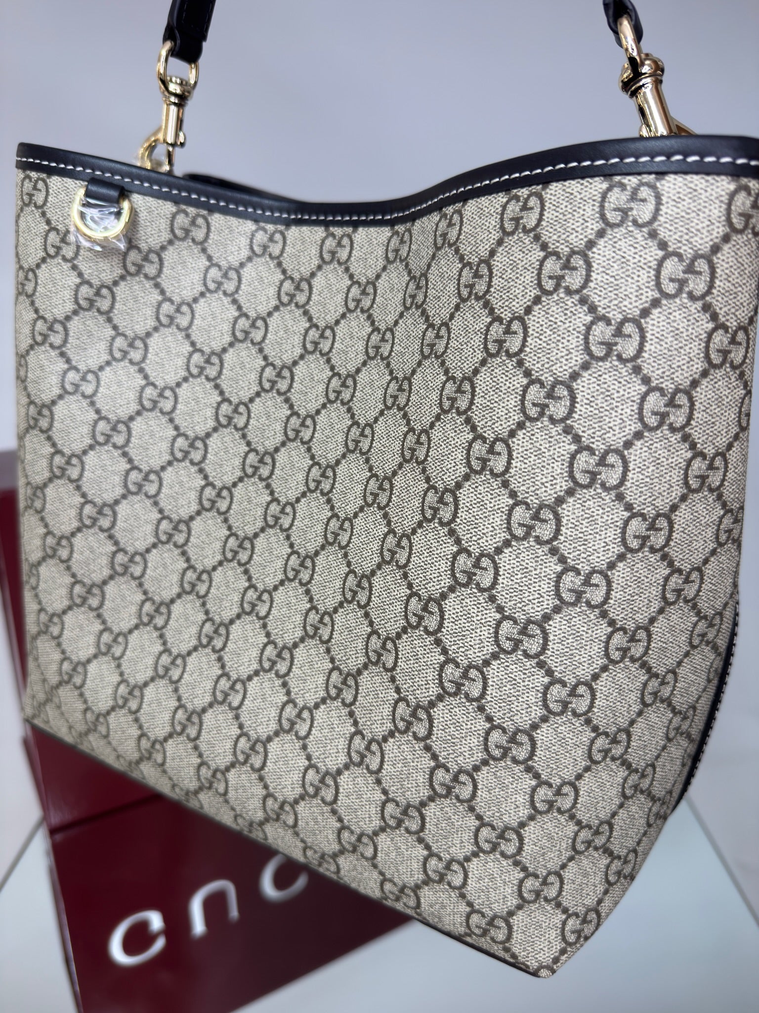 Gucci GG Emblem Medium Bucket Bag – Beige & Black