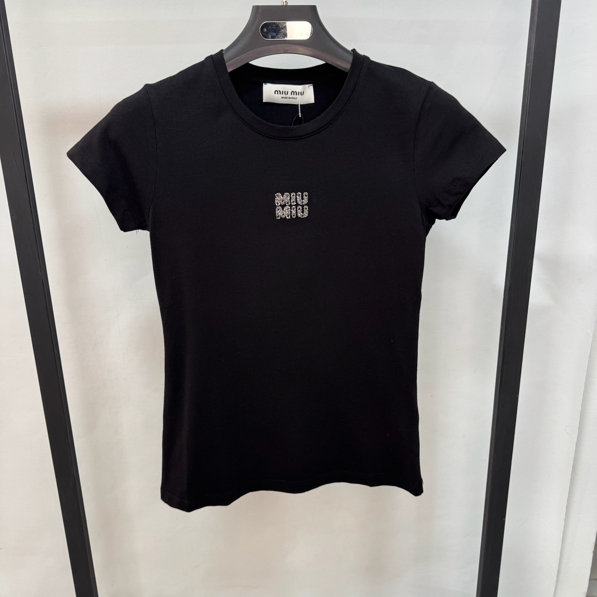 Miu Miu Crystal Logo Cotton T-shirt (Black)