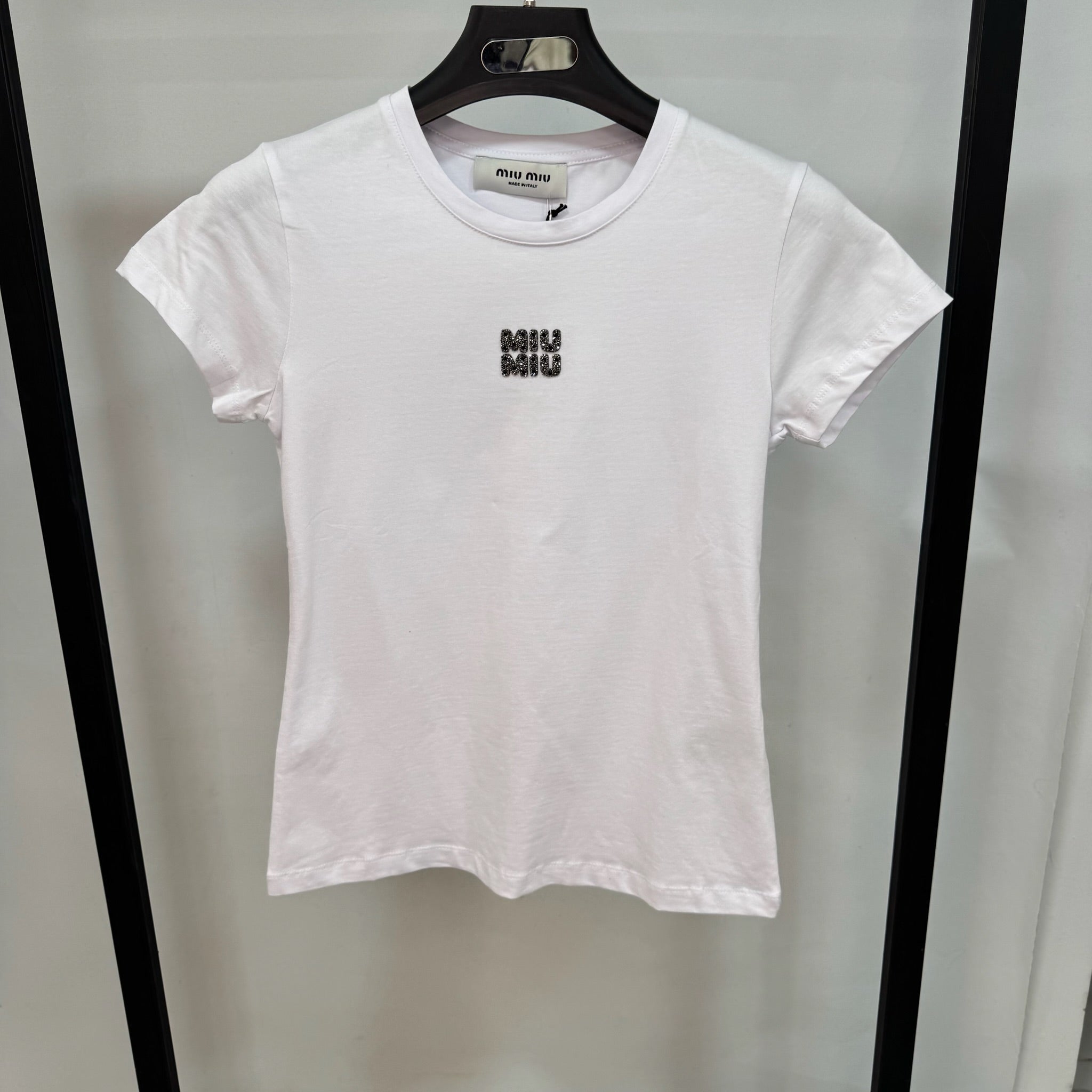 Miu Miu Crystal Logo Cotton T-shirt (White)