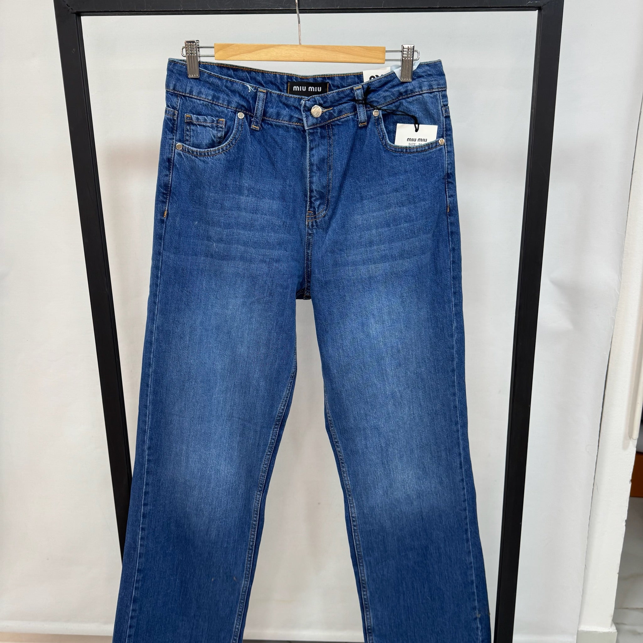 Miu Miu Logo Embroidered Denim Jeans (Blue)