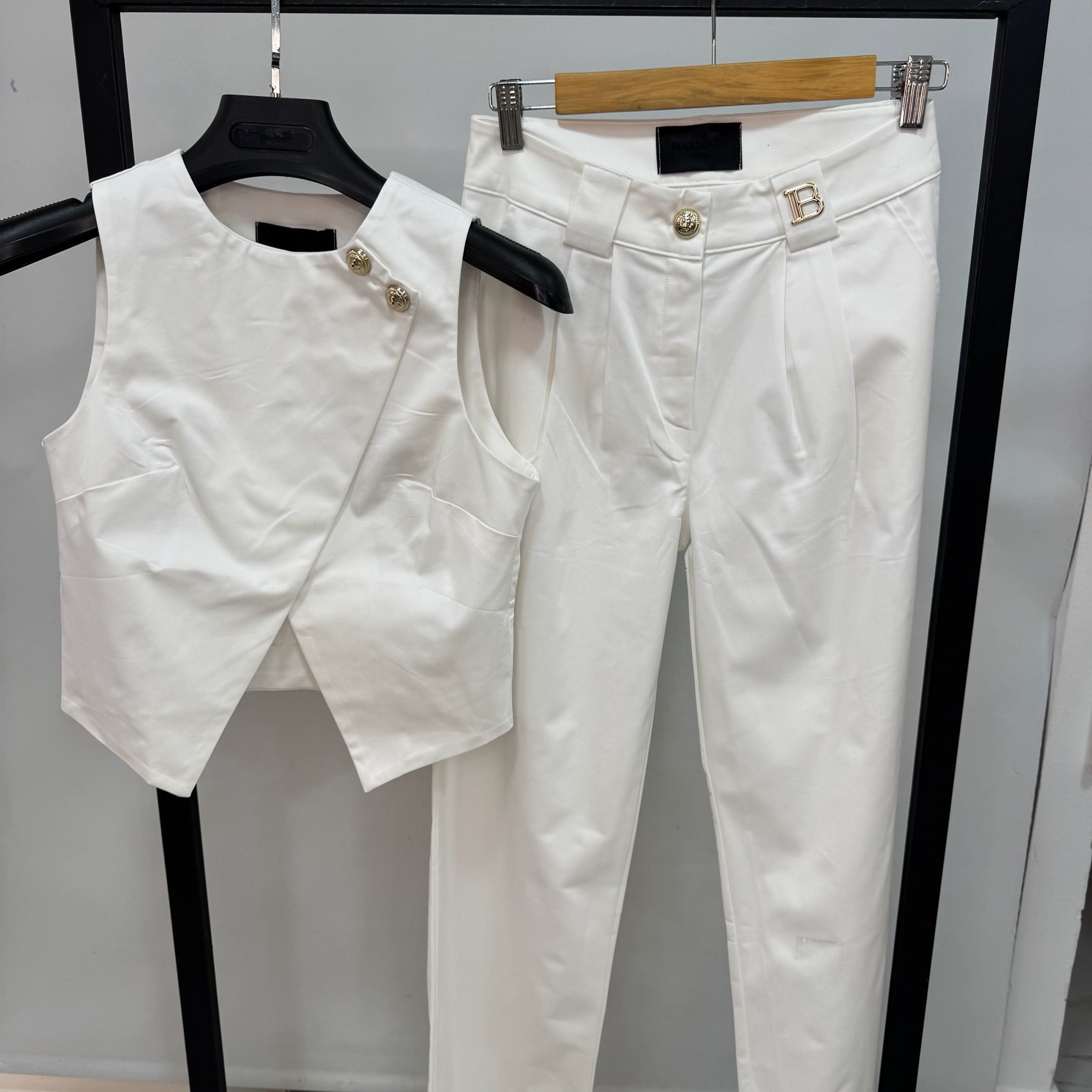 Balmain Paris Two-Piece Tailored Set: Asymmetric Vest & Tapered Trousers (White)