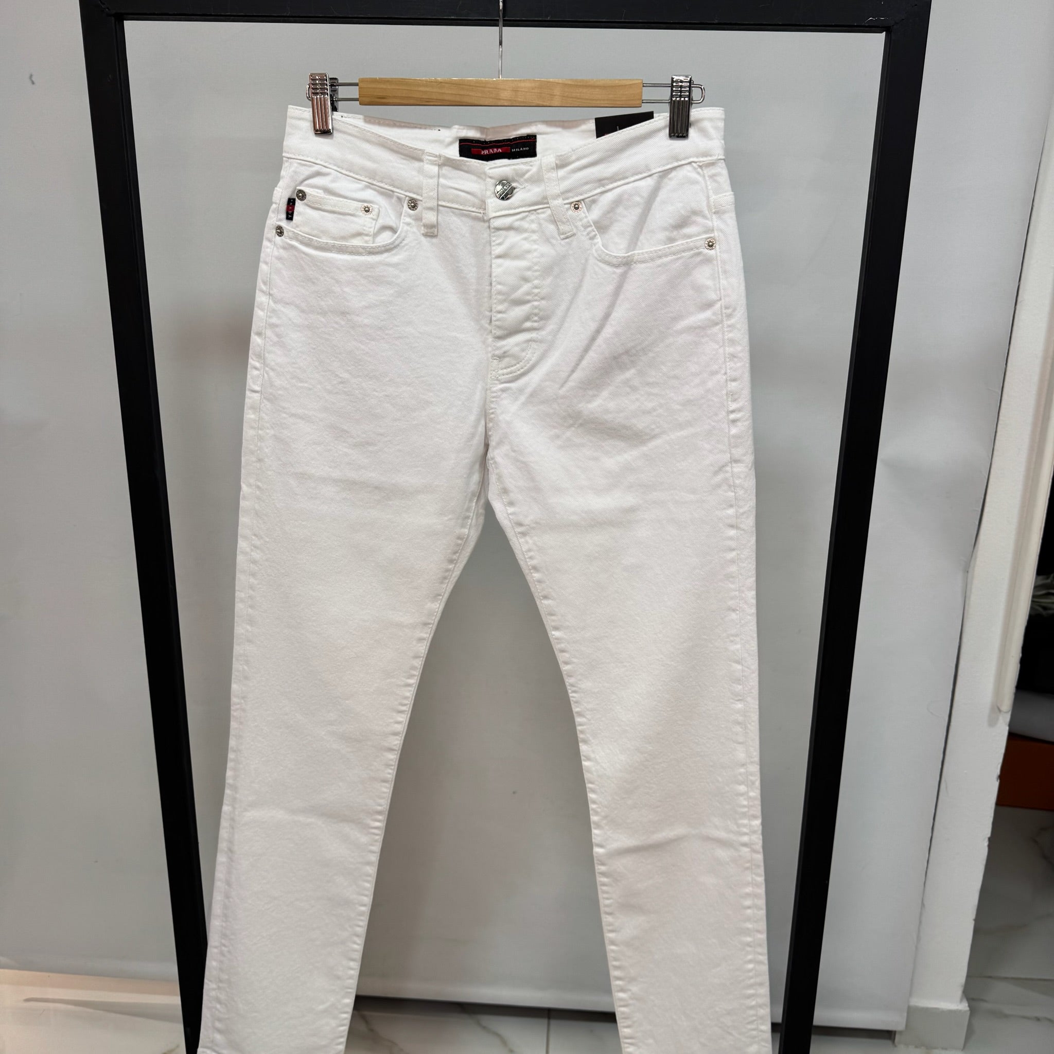 Prada Triangle Logo White Denim Jeans