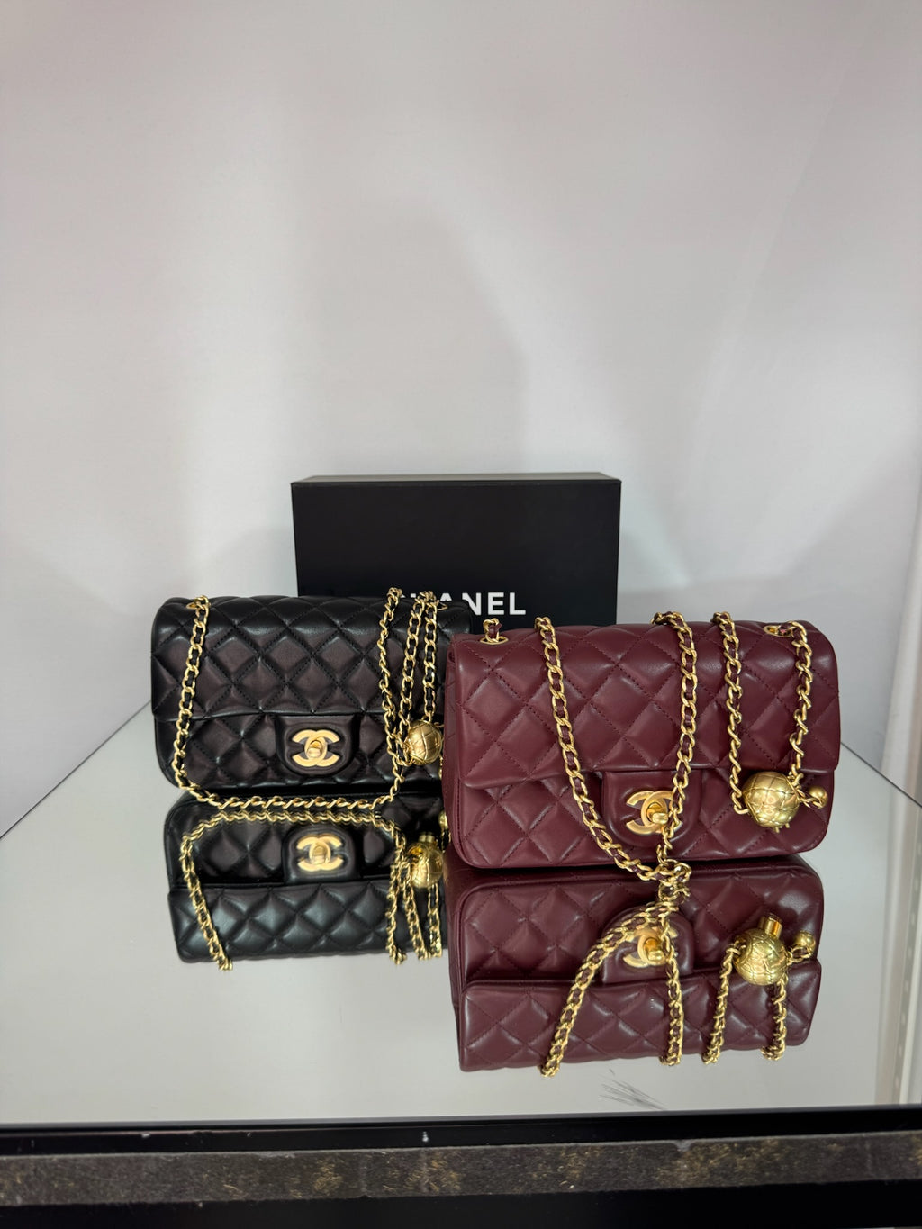 Chanel Classic Mini Flap Bag with Pearl Crush / Globe Ball (Black & Burgundy)