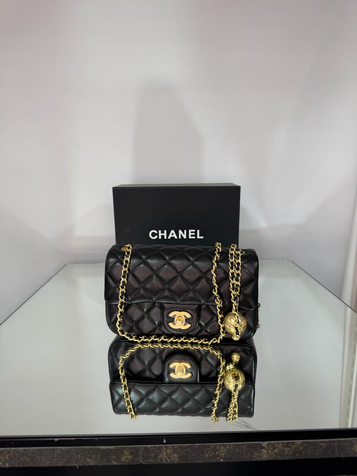 Chanel Classic Mini Flap Bag with Pearl Crush / Globe Ball (Black & Burgundy)