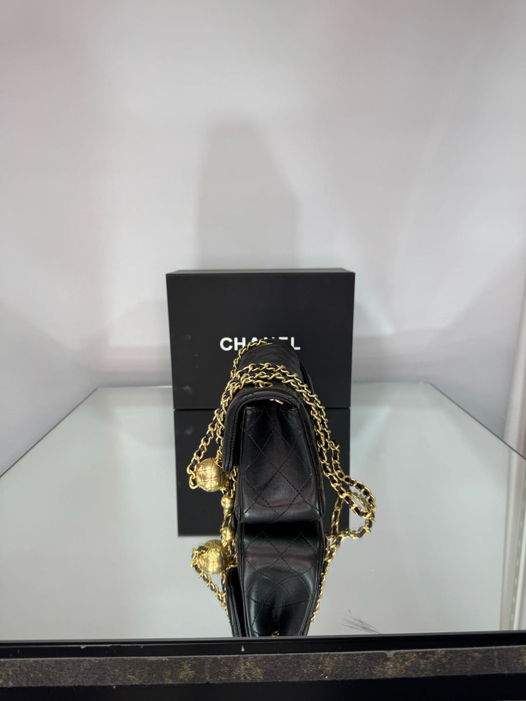 Chanel Classic Mini Flap Bag with Pearl Crush / Globe Ball (Black & Burgundy)