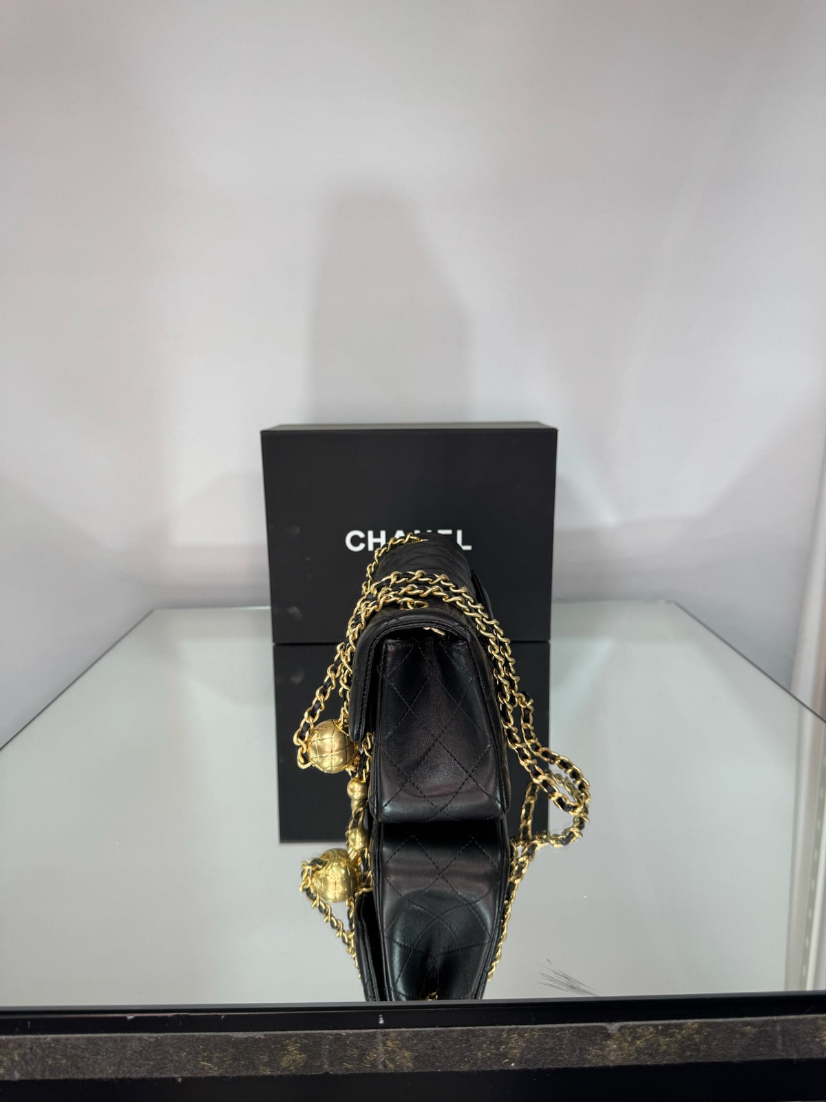 Chanel Classic Mini Flap Bag with Pearl Crush / Globe Ball (Black & Burgundy)