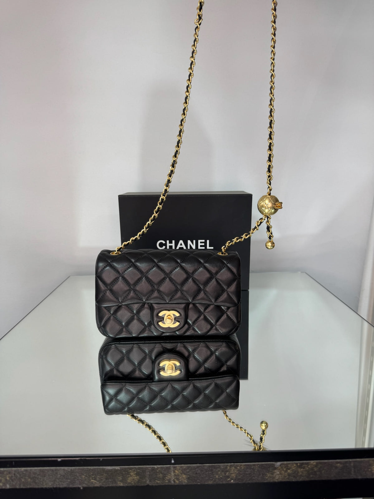 Chanel Classic Mini Flap Bag with Pearl Crush / Globe Ball (Black & Burgundy)