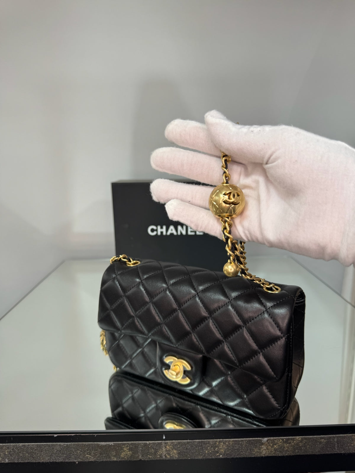 Chanel Classic Mini Flap Bag with Pearl Crush / Globe Ball (Black & Burgundy)