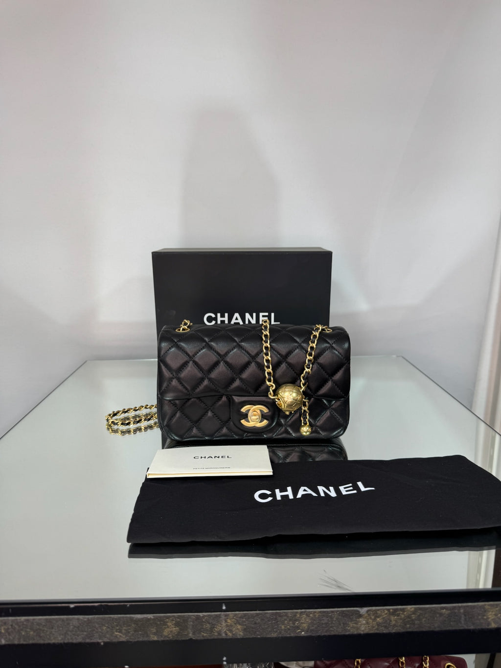 Chanel Classic Mini Flap Bag with Pearl Crush / Globe Ball (Black & Burgundy)