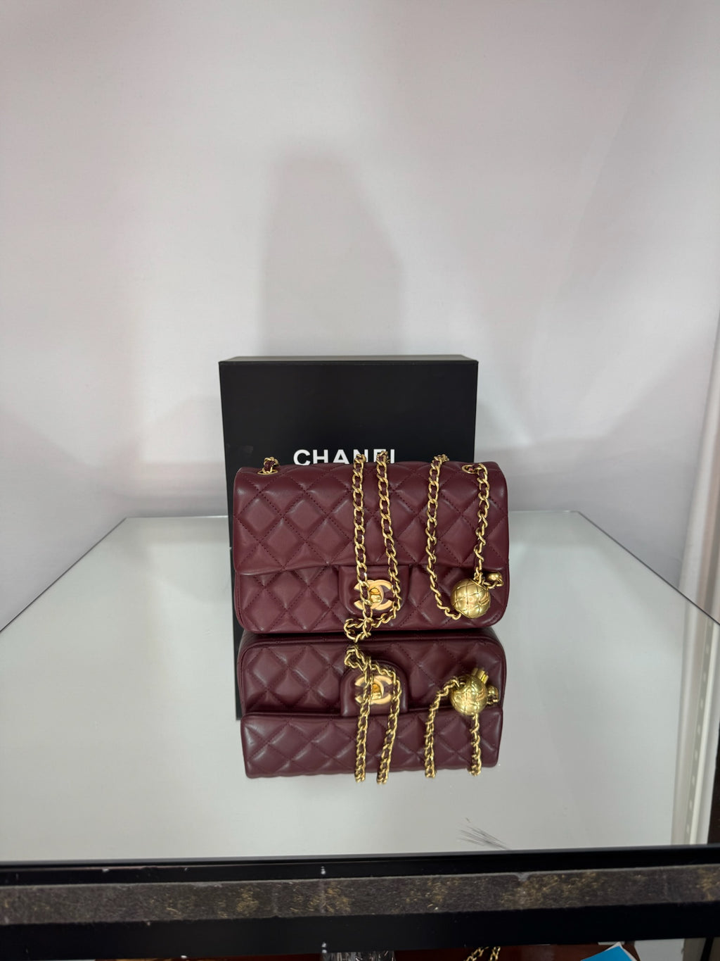 Chanel Classic Mini Flap Bag with Pearl Crush / Globe Ball (Black & Burgundy)