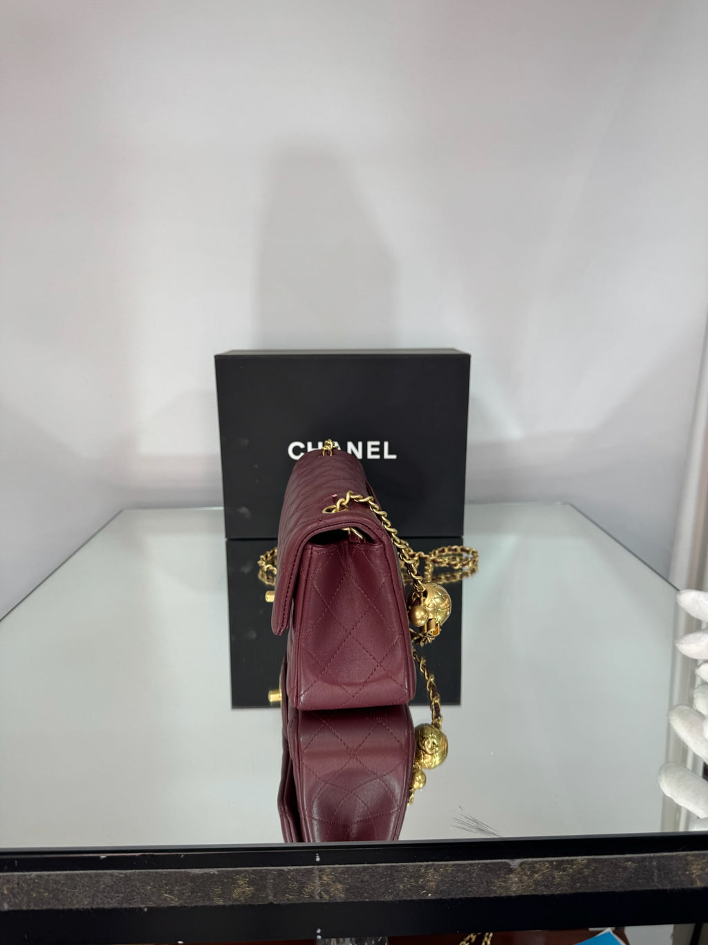 Chanel Classic Mini Flap Bag with Pearl Crush / Globe Ball (Black & Burgundy)