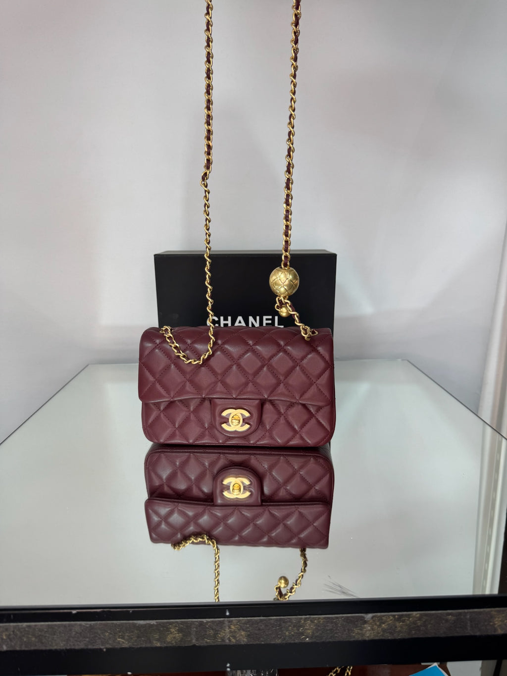Chanel Classic Mini Flap Bag with Pearl Crush / Globe Ball (Black & Burgundy)