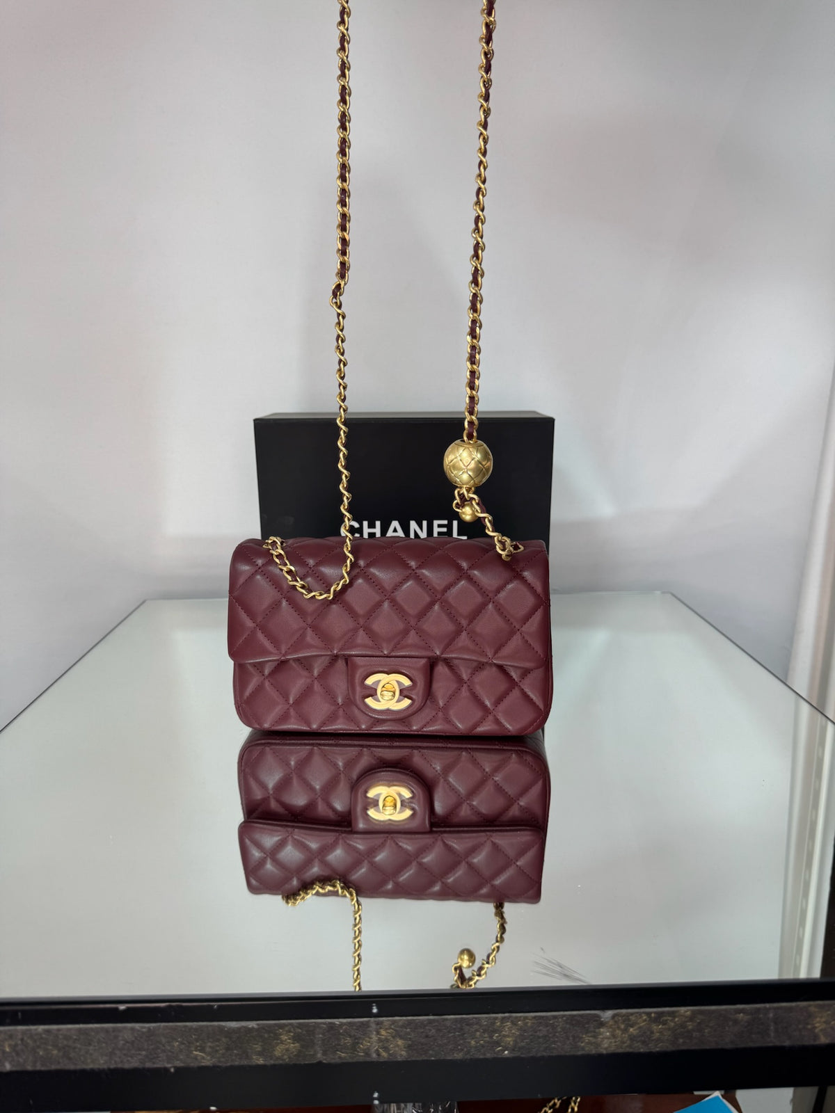 Chanel Classic Mini Flap Bag with Pearl Crush / Globe Ball (Black & Burgundy)
