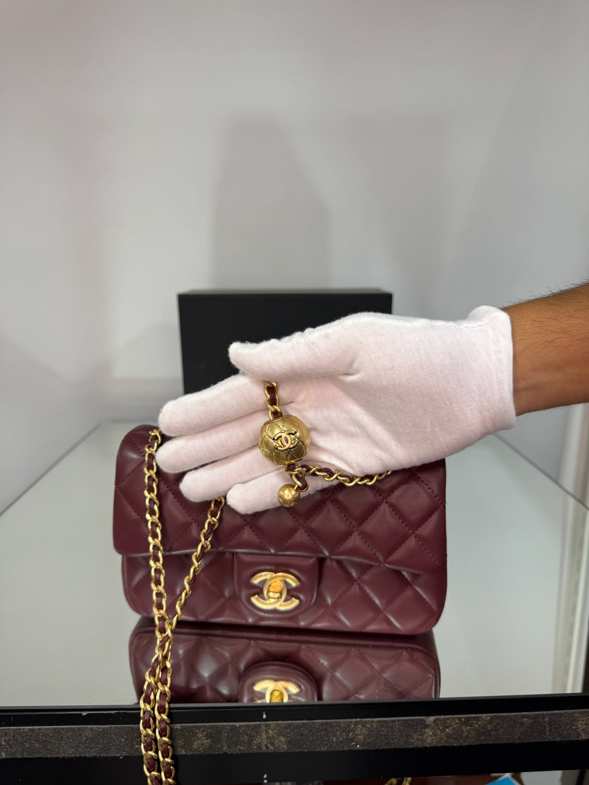 Chanel Classic Mini Flap Bag with Pearl Crush / Globe Ball (Black & Burgundy)