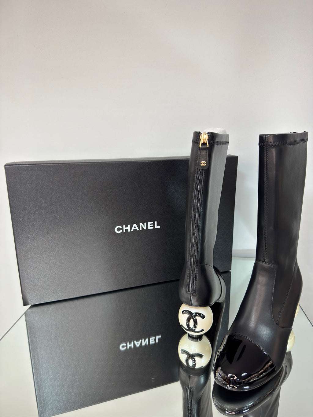 Chanel Mid-Calf Boots Black with Pearl Heel