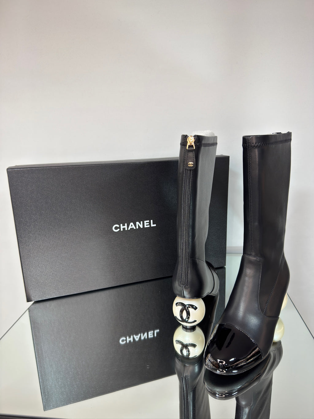 Chanel Mid-Calf Boots Black with Pearl Heel