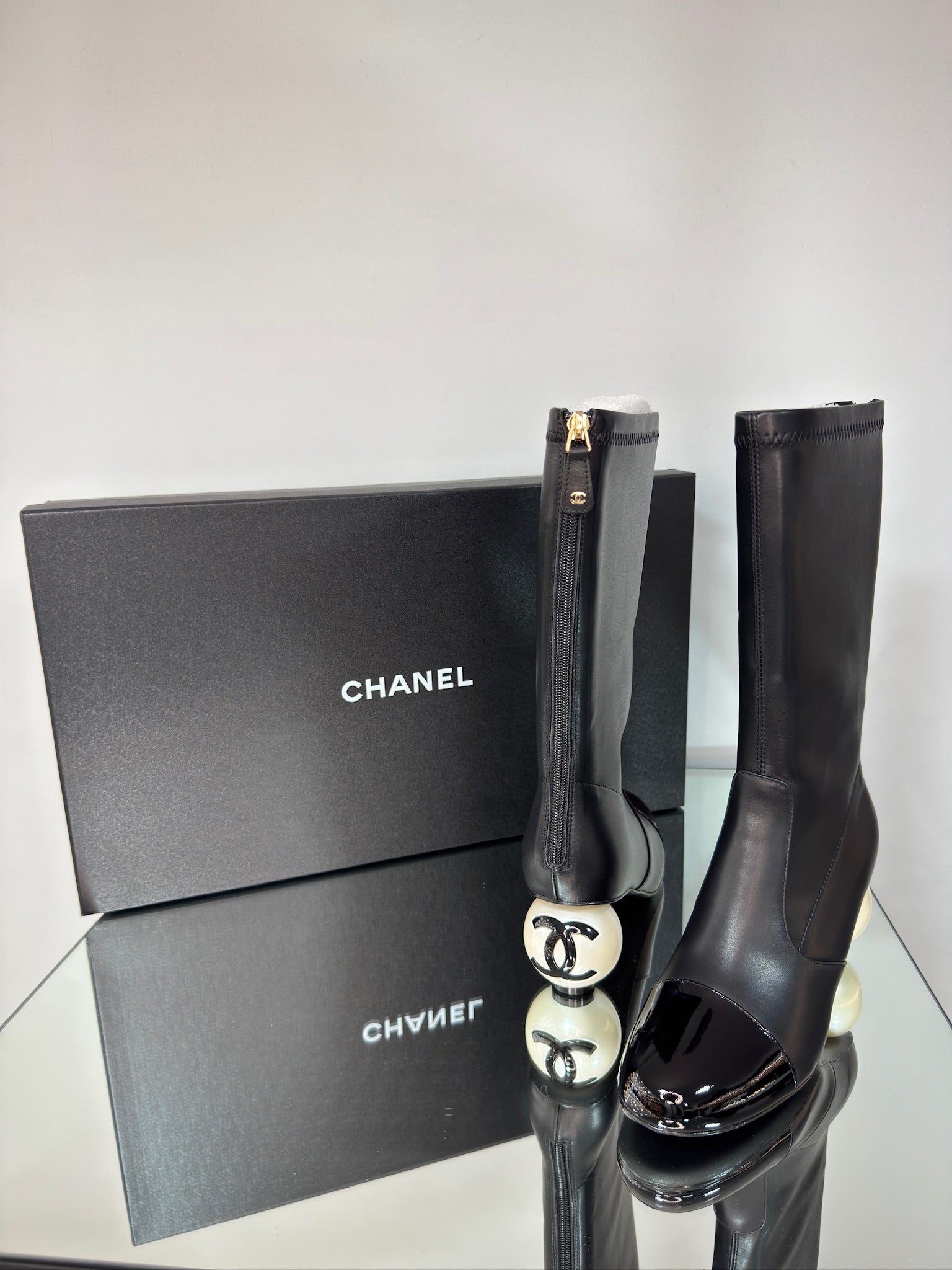 Chanel Mid-Calf Boots Black with Pearl Heel