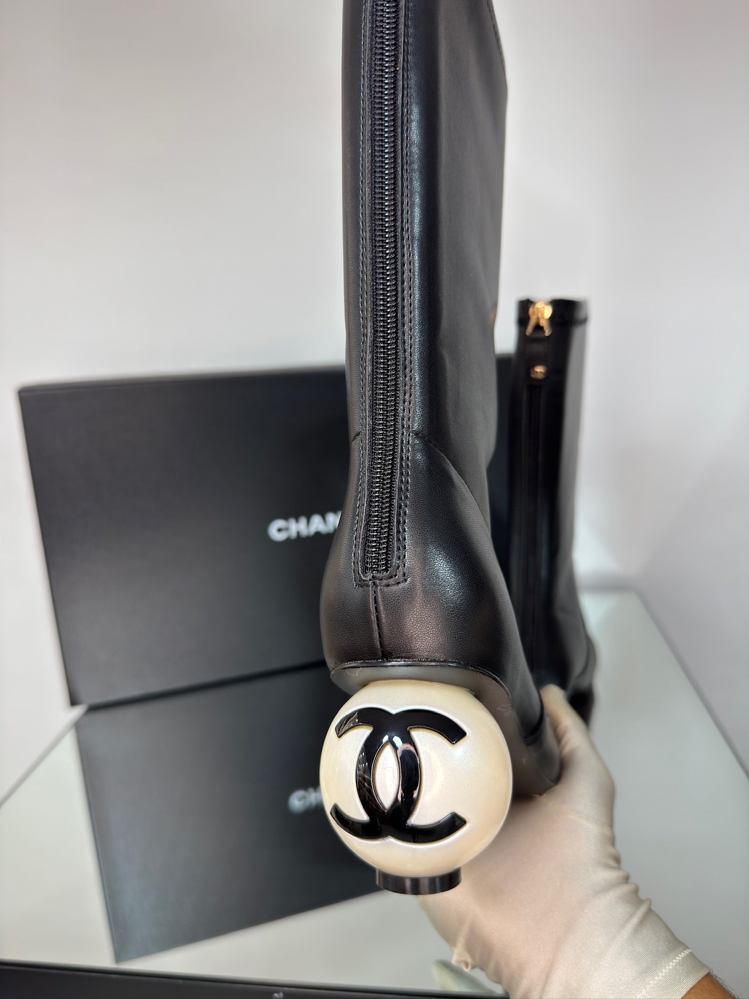 Chanel Mid-Calf Boots Black with Pearl Heel