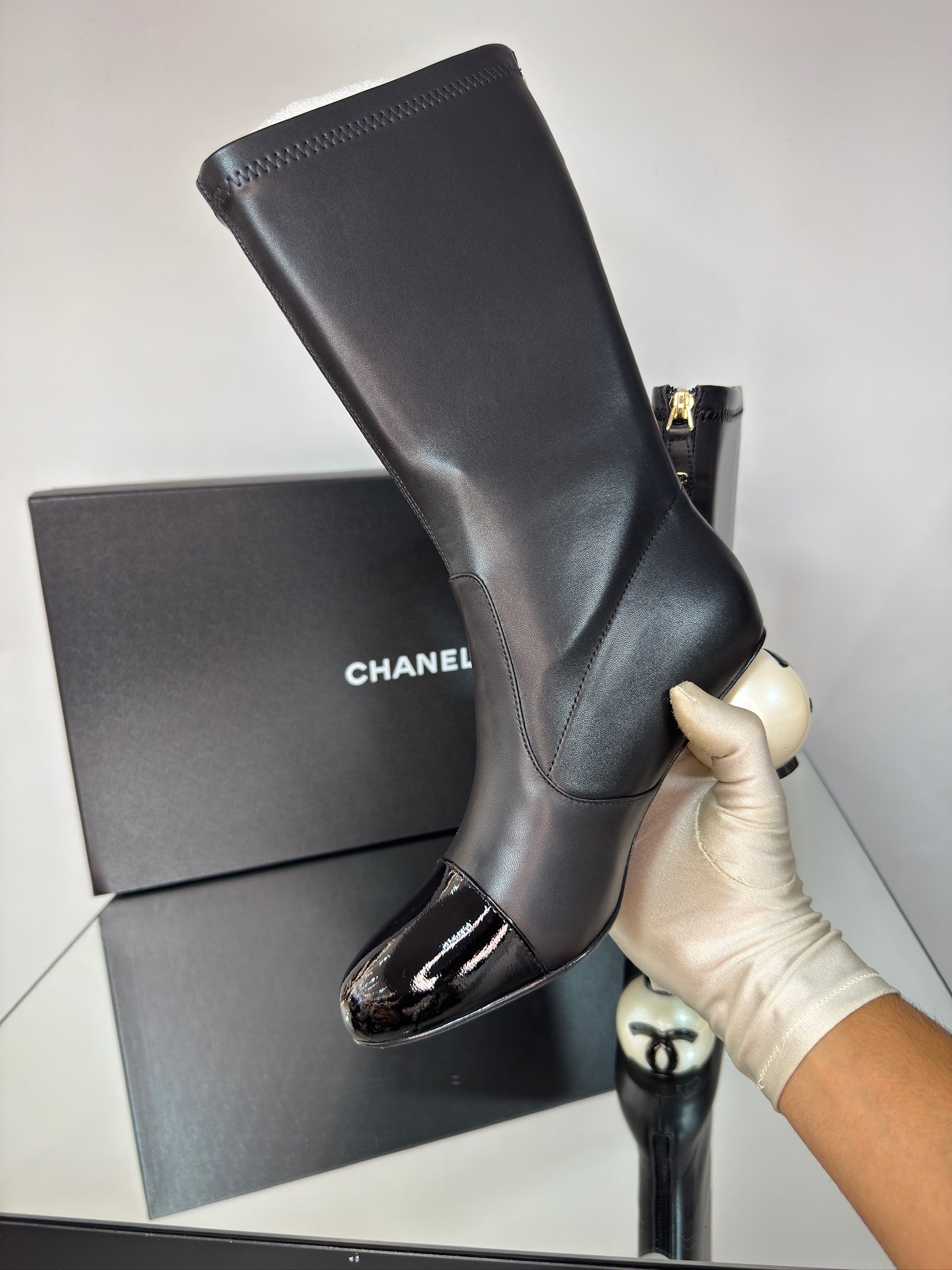 Chanel Mid-Calf Boots Black with Pearl Heel