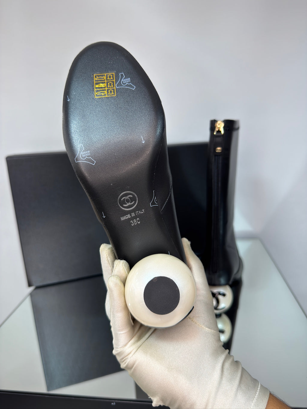 Chanel Mid-Calf Boots Black with Pearl Heel