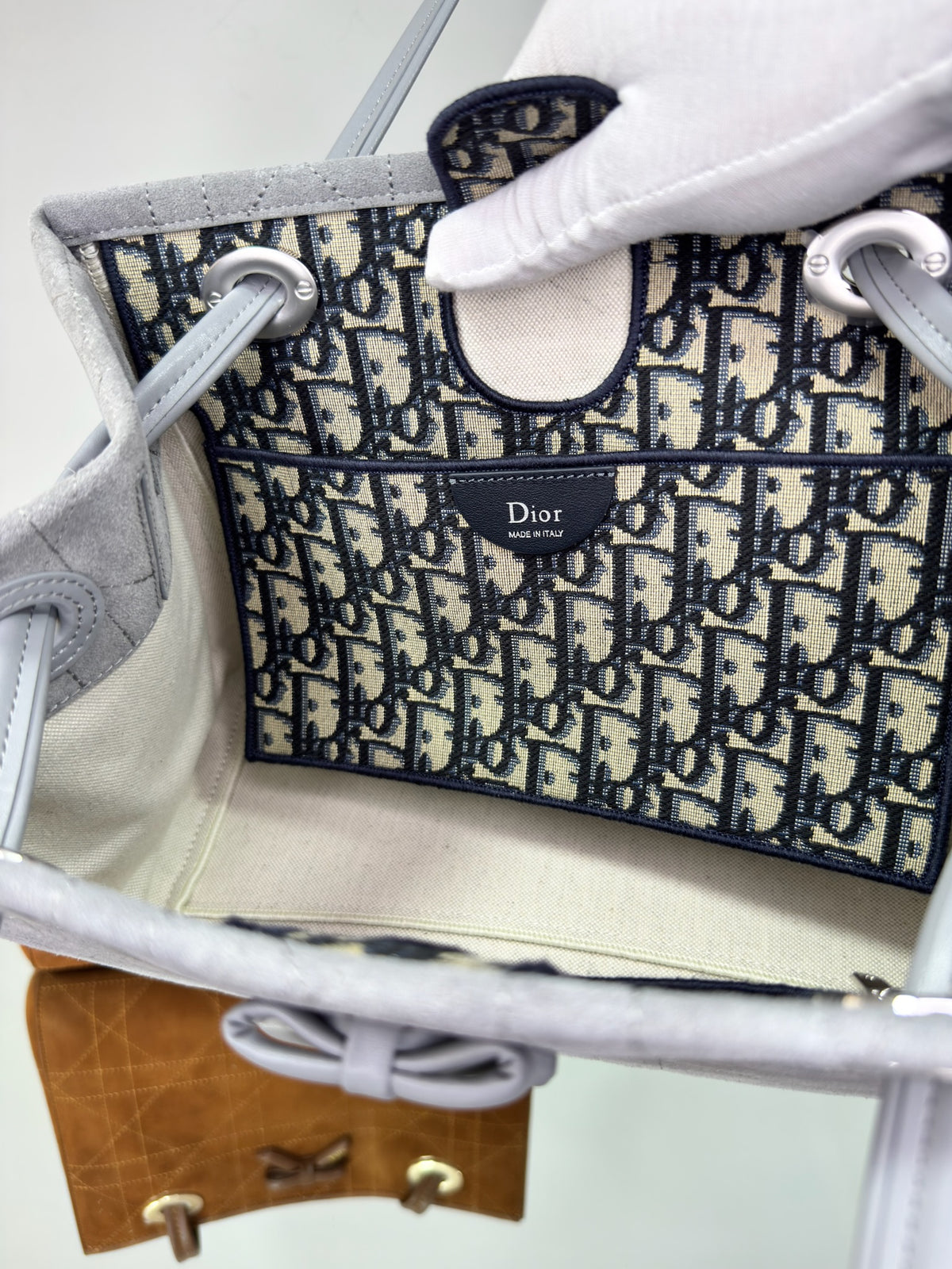 Christian Dior Toujours Suede Cannage Tote Bag (Grey & Cognac Brown)