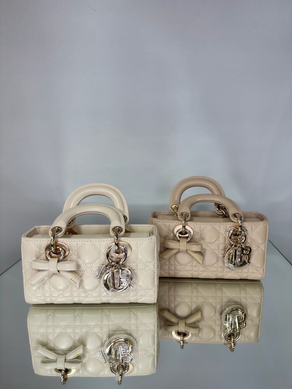 Christian Dior Lady D-Joy Cannage Leather Bag with Bow Detail (Off-White & Powder Beige)