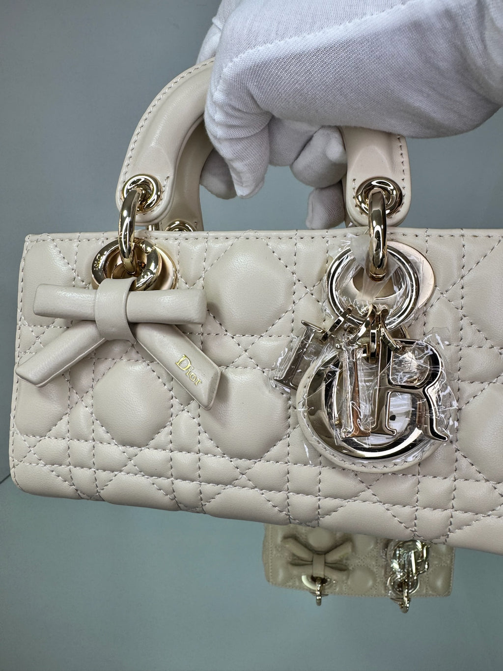 Christian Dior Lady D-Joy Cannage Leather Bag with Bow Detail (Off-White & Powder Beige)