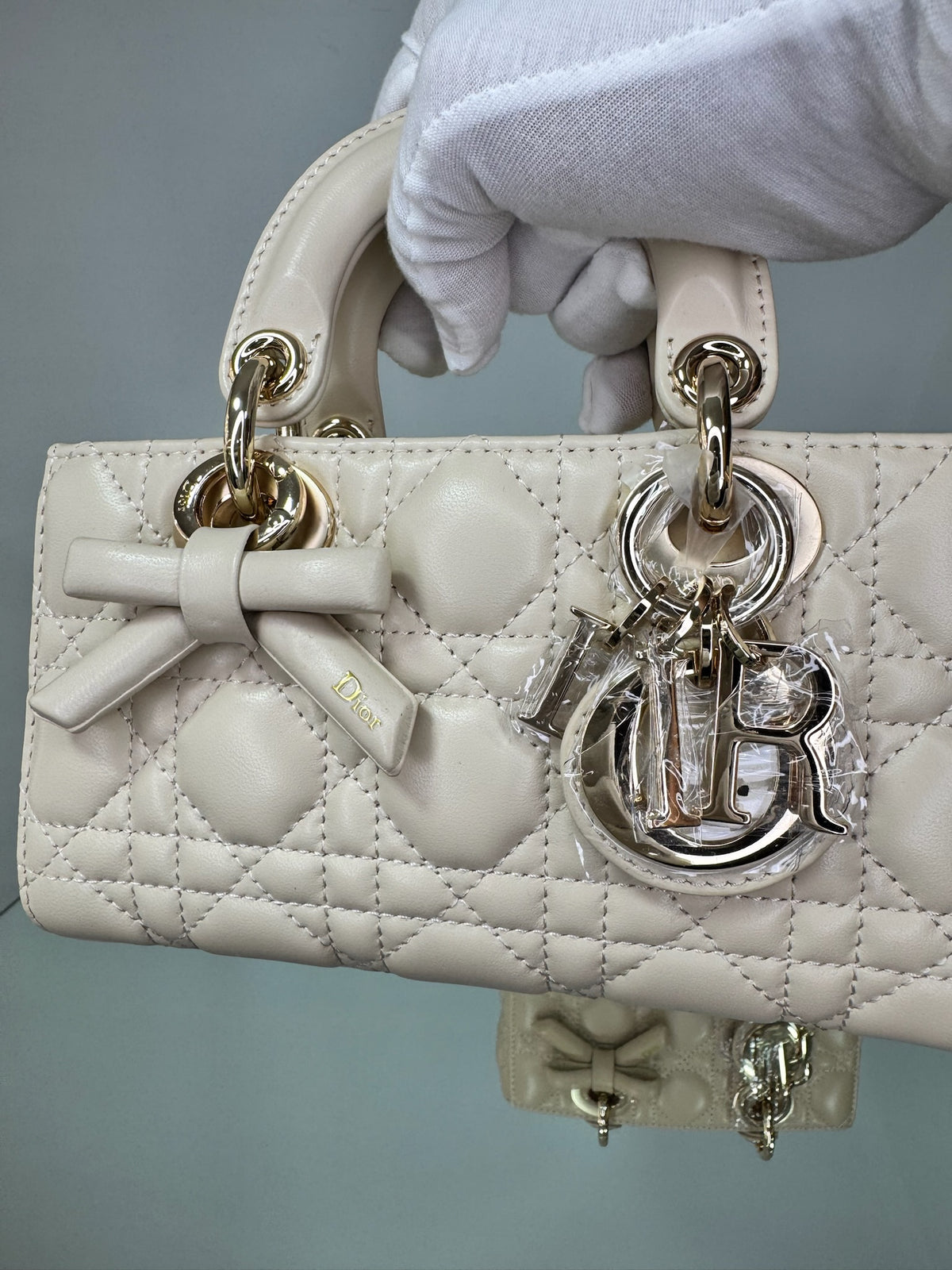 Christian Dior Lady D-Joy Cannage Leather Bag with Bow Detail (Off-White & Powder Beige)