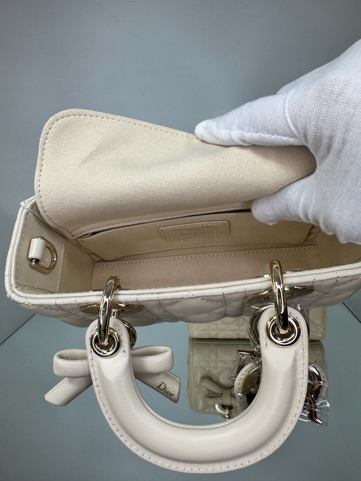 Christian Dior Lady D-Joy Cannage Leather Bag with Bow Detail (Off-White & Powder Beige)