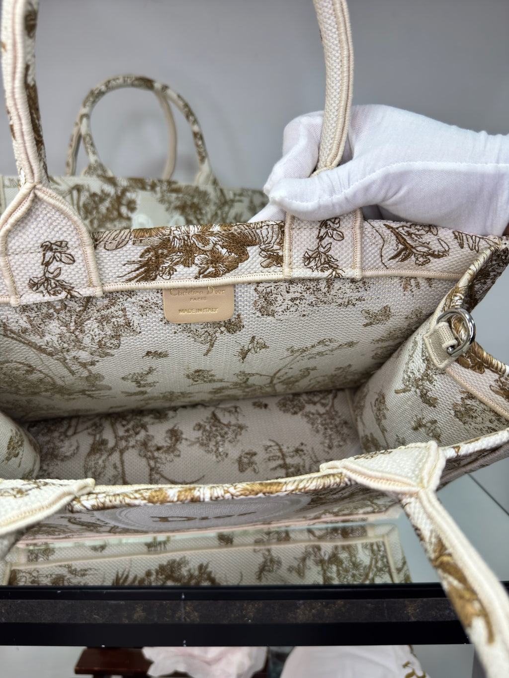 Christian Dior Embroidered Book Tote Bag Toile de Jouy (Gold / Beige)