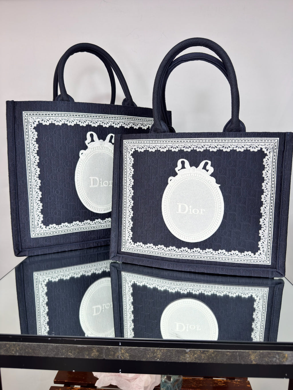 Christian Dior Embroidered Book Tote Bag with Lace Motif (Navy / Black)