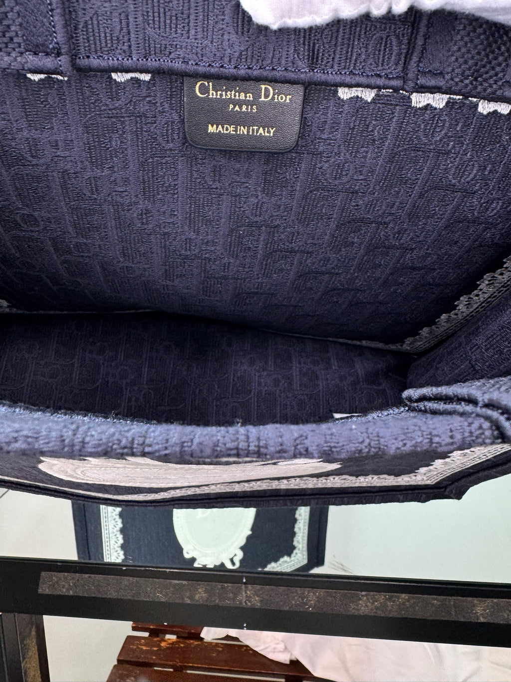 Christian Dior Embroidered Book Tote Bag with Lace Motif (Navy / Black)