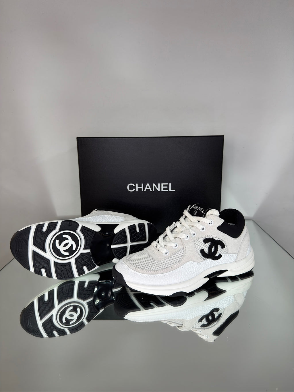 Chanel Low Top Trainers (Suede White & Black)