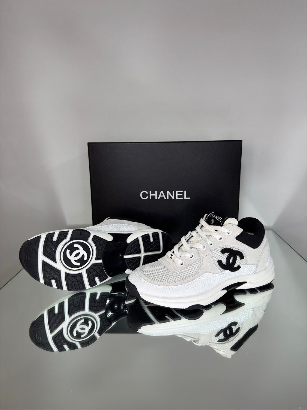 Chanel Low Top Trainers (Suede White & Black)