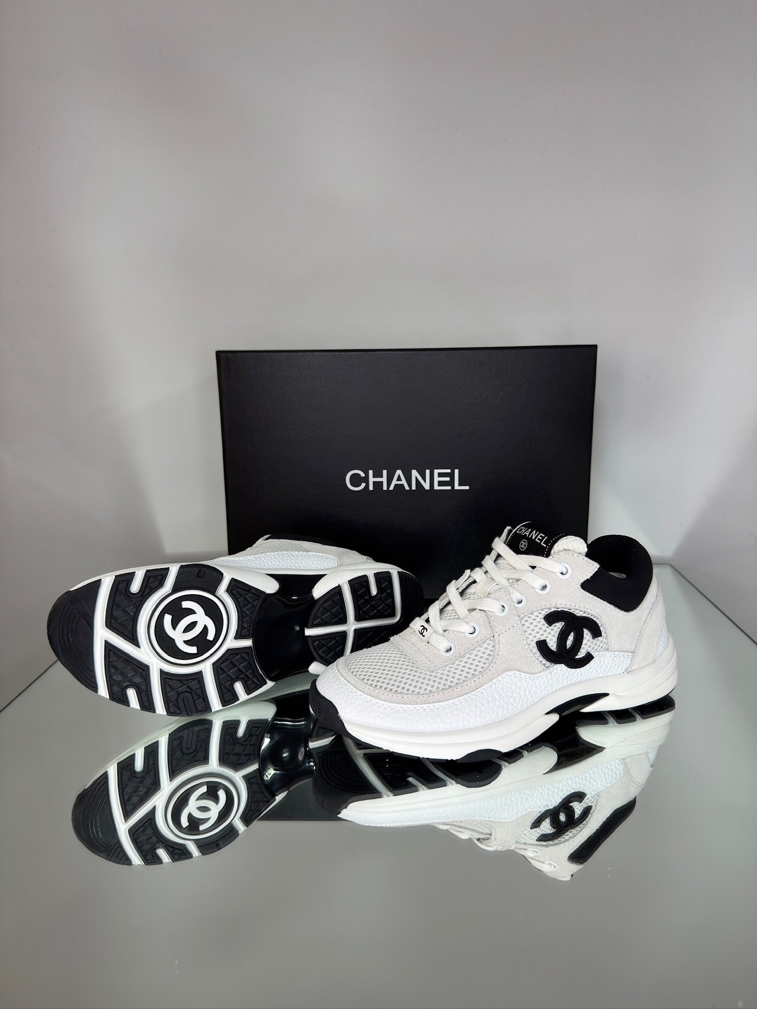 Chanel Low Top Trainers (Suede White & Black)