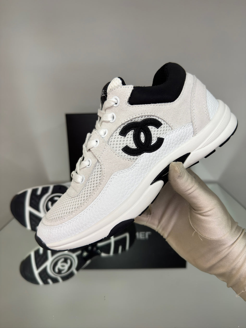 Chanel Low Top Trainers (Suede White & Black)