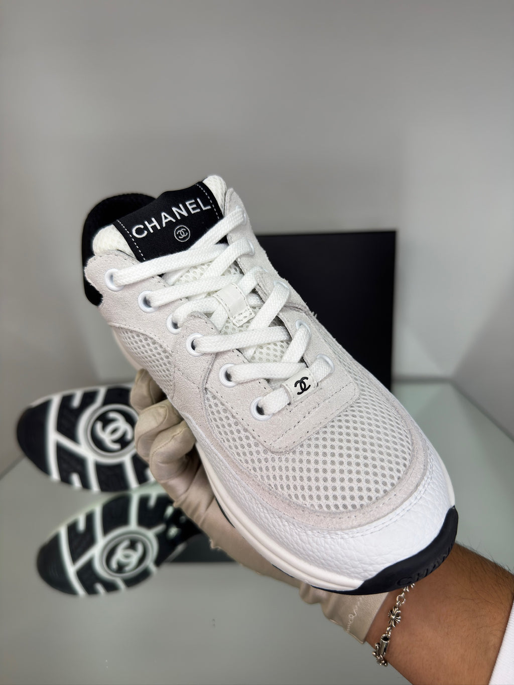 Chanel Low Top Trainers (Suede White & Black)