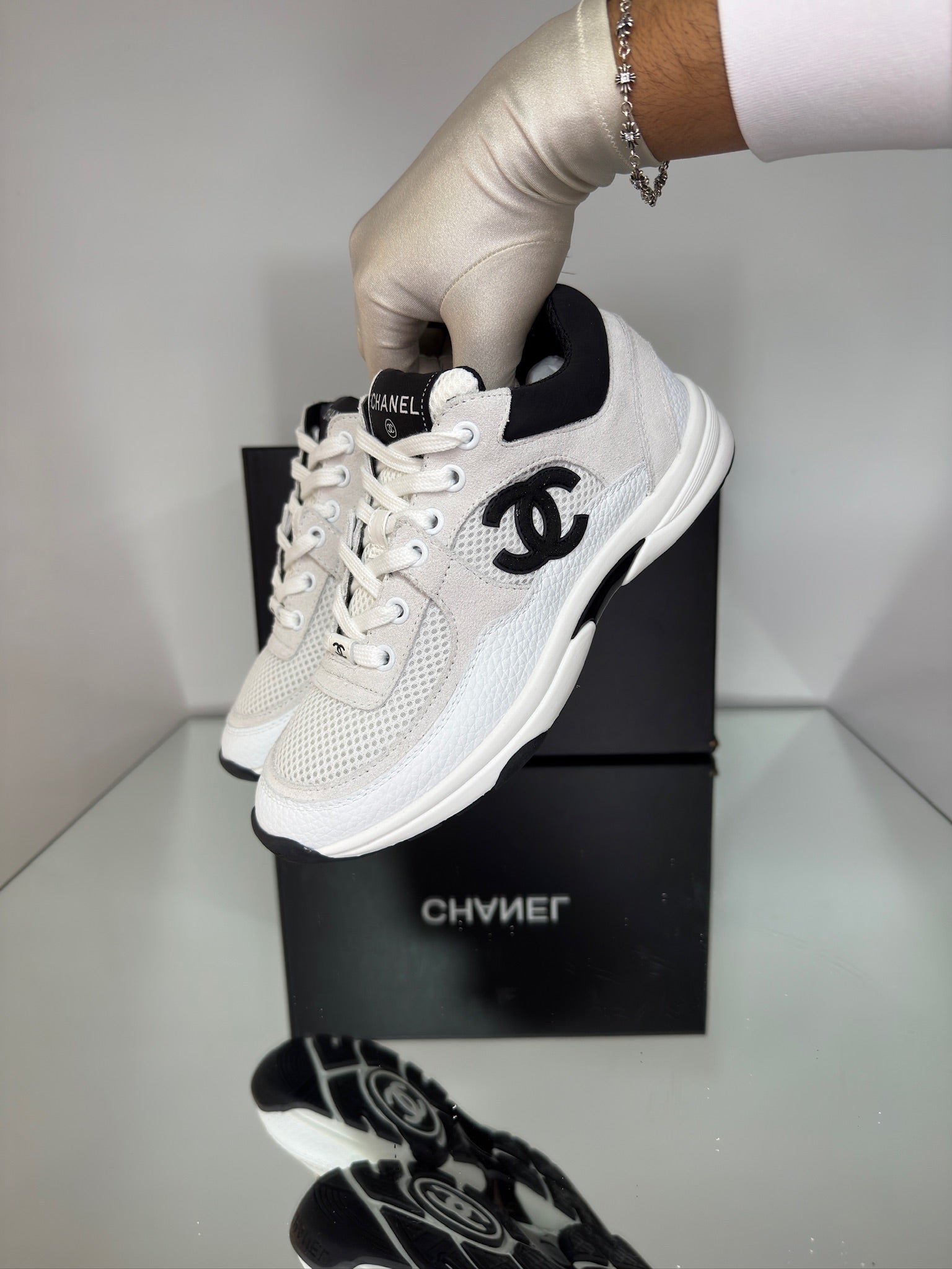 Chanel Low Top Trainers (Suede White & Black)