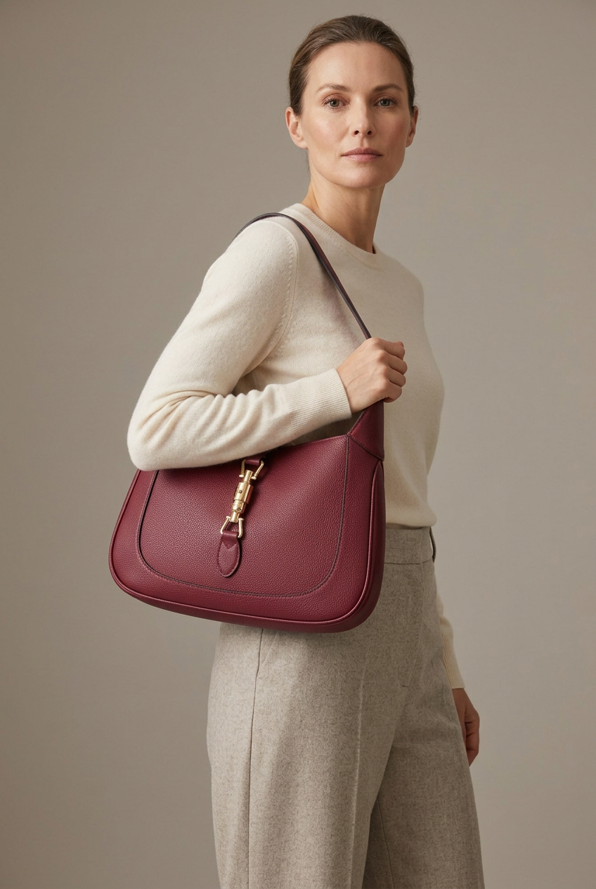 Gucci Jackie 1961 Grain Leather Shoulder Bag (Burgundy & Black)