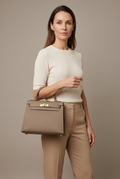 Hermès Kelly Sellier Leather Bag with Gold Hardware (Etoupe & Burgundy)