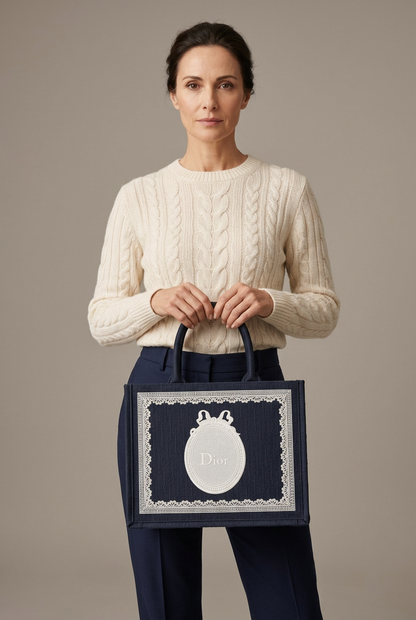 Christian Dior Embroidered Book Tote Bag with Lace Motif (Navy / Black)