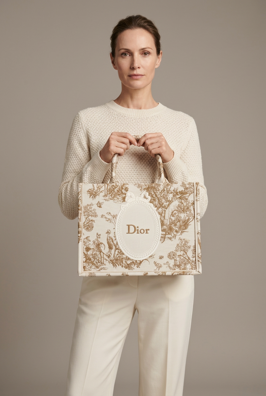 Christian Dior Embroidered Book Tote Bag Toile de Jouy (Gold / Beige)