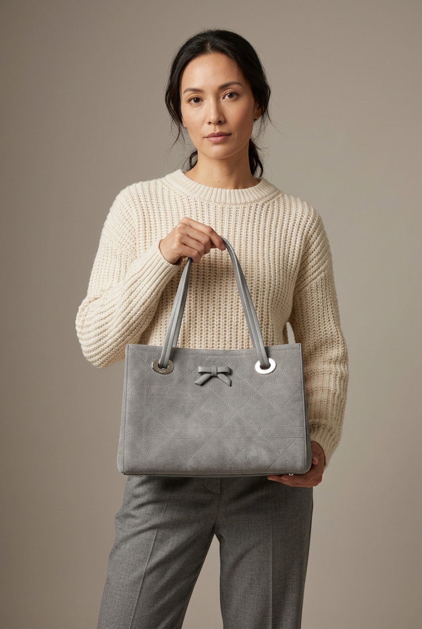 Christian Dior Toujours Suede Cannage Tote Bag (Grey & Cognac Brown)