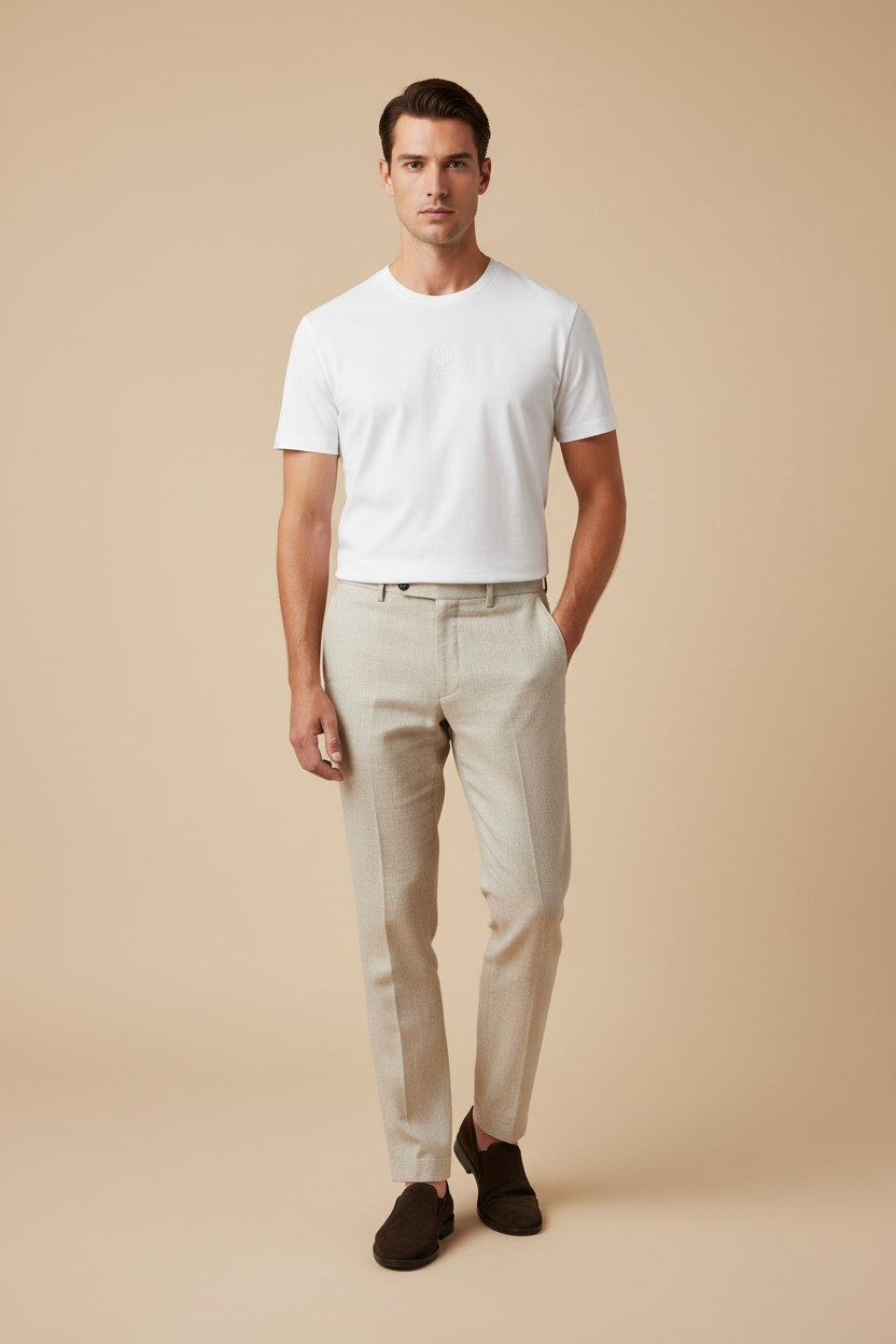 Model wearing Loro Piana white cotton t-shirt - premium Italian casual elegance