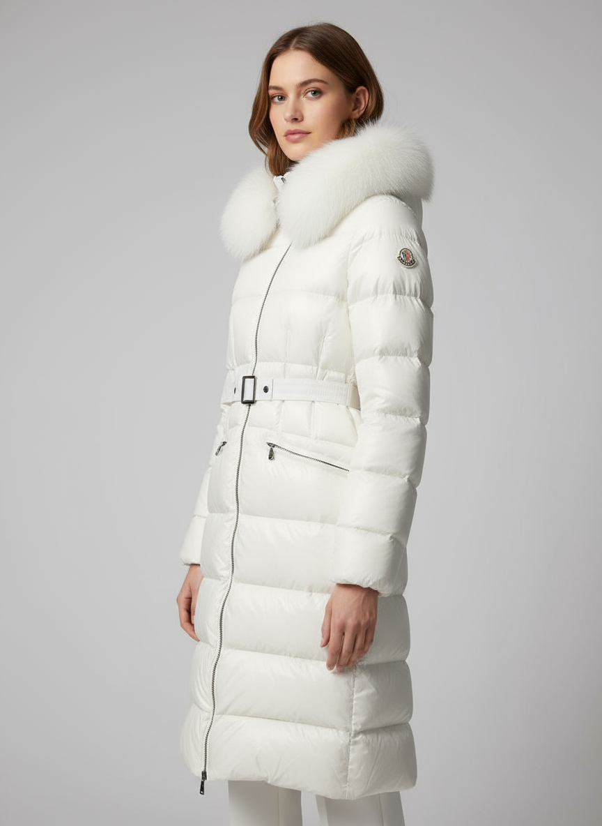 ΜΠΟΥΦΑΝ MONCLER ΓΥΝΑΙΚΕΙΟ ΜΑΚΡΥ ΜΕ ΠΟΥΠΟΥΛΟ ΚΑΙ ΖΩΝΗ ΛΕΥΚΟ