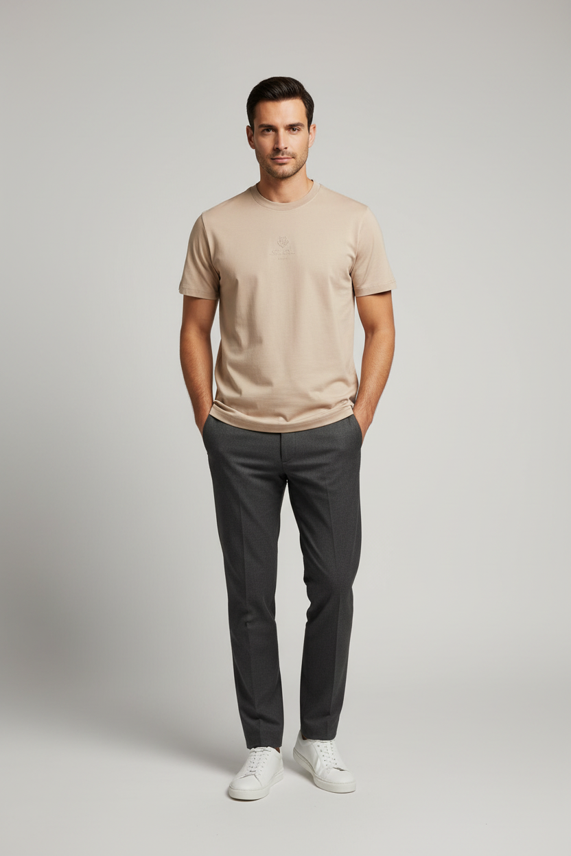 Model wearing Loro Piana beige cotton t-shirt - premium Italian casual elegance