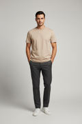 Model wearing Loro Piana beige cotton t-shirt - premium Italian casual elegance