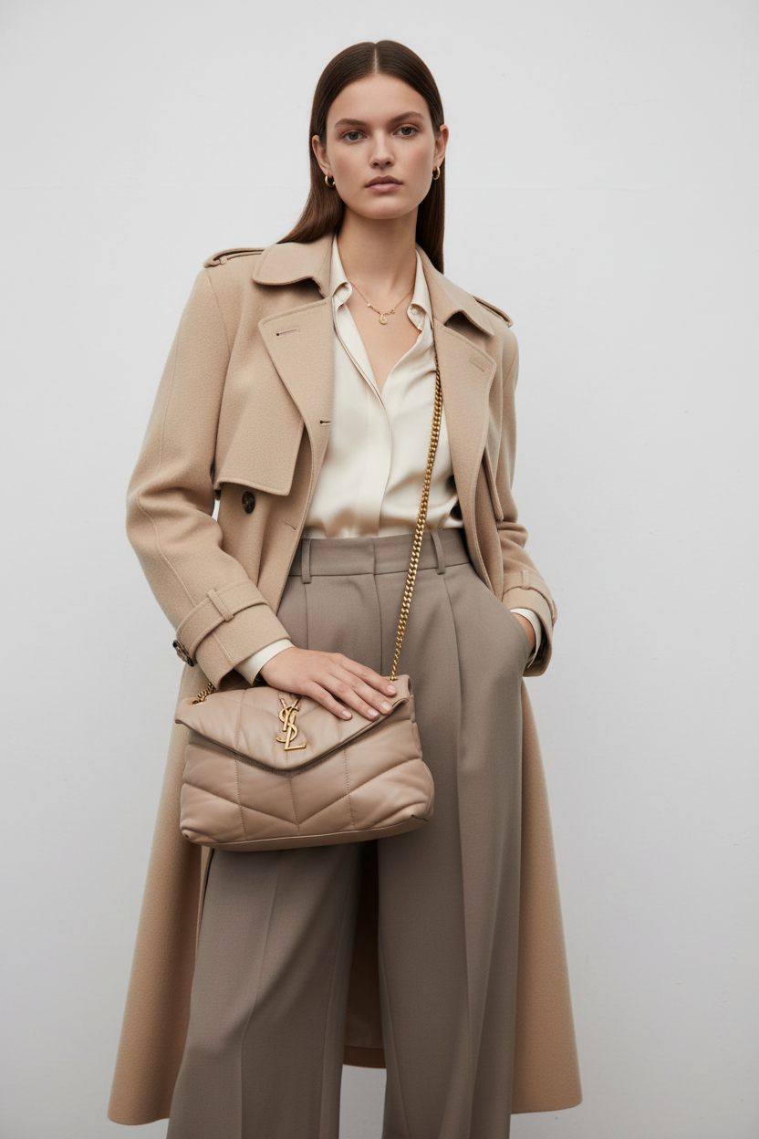 Model wearing Saint Laurent Loulou Puffer beige nappa leather bag