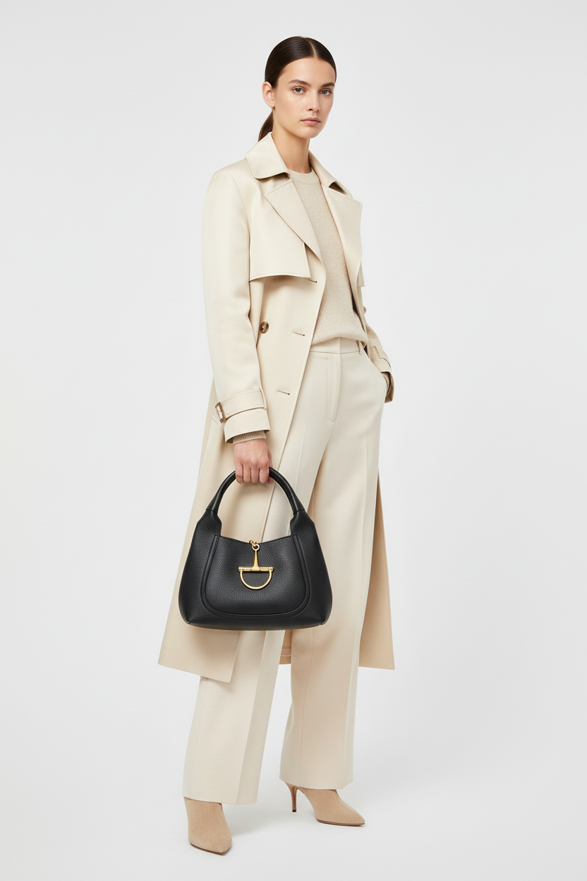 Model wearing Gucci Softbit Mini shoulder bag with Horsebit hardware