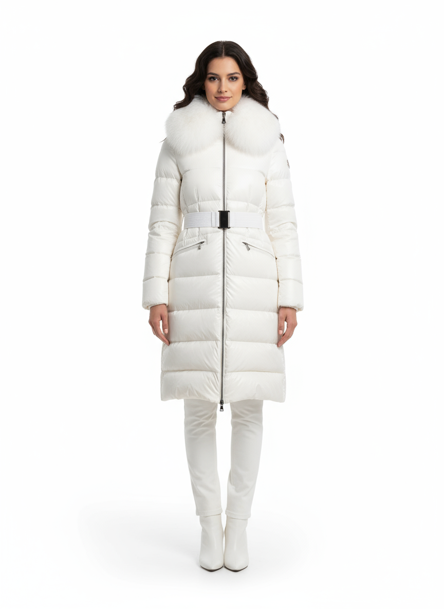 Moncler Women's Long White Down Jacket Model Photo